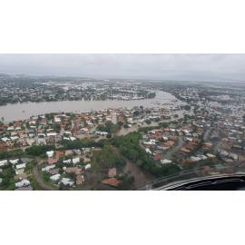 Annandale, Murray Sports Complex, Bowen Road Bridge, River Park Drive, aerial photograph during floods, 2019. 
