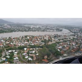 Annandale, Murray Sports Complex, Bowen Road Bridge, River Park Drive, aerial photograph during floods, 2019. 