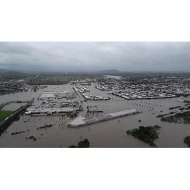Stuart Drive Intersection, Kmart Fairfield, Townsville Turf Club, aerial photograph during floods, 2019. 