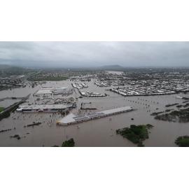 Stuart Drive Intersection, Kmart Fairfield, Townsville Turf Club, aerial photograph during floods, 2019. 