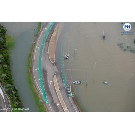 Boats and submerged Ute off Abbott Street, aerial photograph during floods, 2019. 
