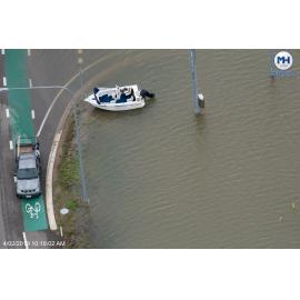 Boat off Abbott Street, aerial photograph during floods, 2019. 