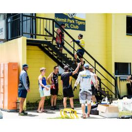 Hermit Park AFL Club volunteers clearing out clubhouse contents, Hermit Park, 2019