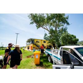 Hermit Park AFL Club volunteers outside clubhouse, Hermit Park, 2019
