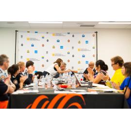Mayor Jenny Hill  and Local Disaster Coordinator Wayne Preedy embrace, Disaster Committee Meeting, 2019.