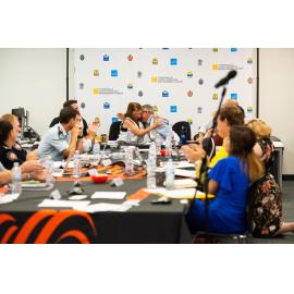 Mayor Jenny Hill  and Local Disaster Coordinator Wayne Preedy embrace, Disaster Committee Meeting, 2019.