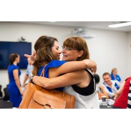 Mayor Jenny Hill  and Committee member embrace, Disaster Committee Meeting, 2019.