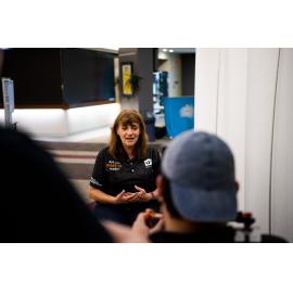 Mayor Jenny Hill ,speaking with reports at the Local Disaster Co-Ordination Centre during the flood event, 2019.
