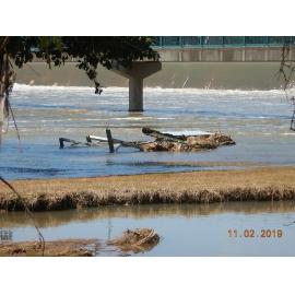 Structure washed into Ross River at Black Weir during flood, Thuringowa Central, 2019. 