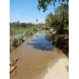 Submerged and debris covered Riverway boardwalk, 2019. 