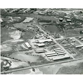 Aerial view of Brown and Broad's timber yard, Pimlico, Townsville, 1957