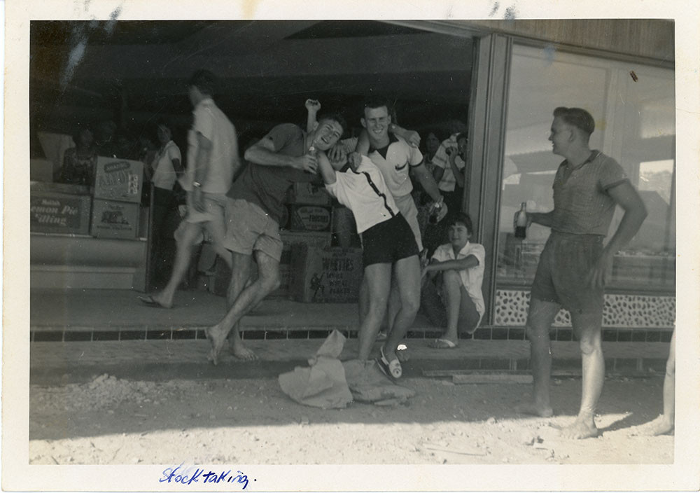 Staff on a break at the new Philip Leong's Garbutt store, Townsville, 1960.

Note transcribed from the back of the photograph: Daryl Shaw, ? , Ron Jackson, Gladys Berry (sitting), Brian Dyer (foreground).

The Philip Leong Collection
Photographer Unknown