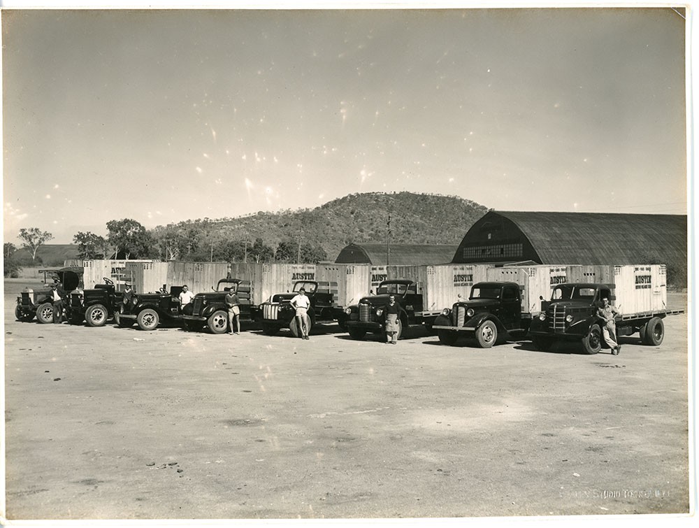 McDonald collection : Austin A70 Somerset cars imported by McDonald Brothers lined up on Hinspeter truck in front of the hangars in Mount Louisa, Townsville, ca.1953

Austin A70 Somerset cars imported by Neil and Kenneth McDonald for sale in their motor vehicle showroom in Flinders Street. The cars were transported in wooden crates and reassembled in one of the hangars formerly belonging to the 5th Air Force, USAAF at Mount Louisa.

Photographer Arch Fraley 

