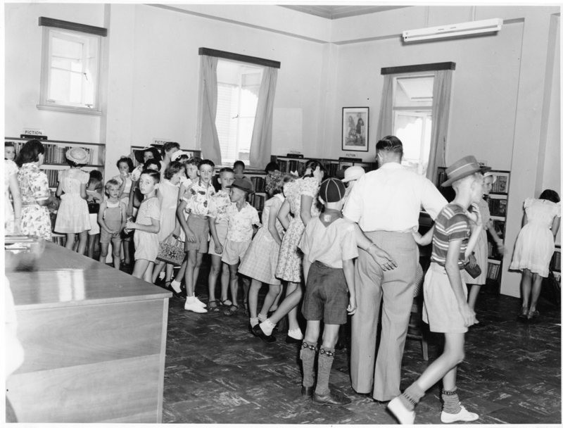 Queues on the opening day of the Townsville Children's Library, 1953.