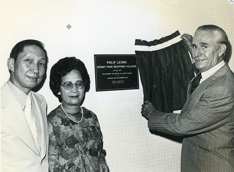 Mr & Mrs Philip Leong and Mayor Perc Tucker at the opening of the Hermit Park Shopping Village, Townsville, 22 November 1976